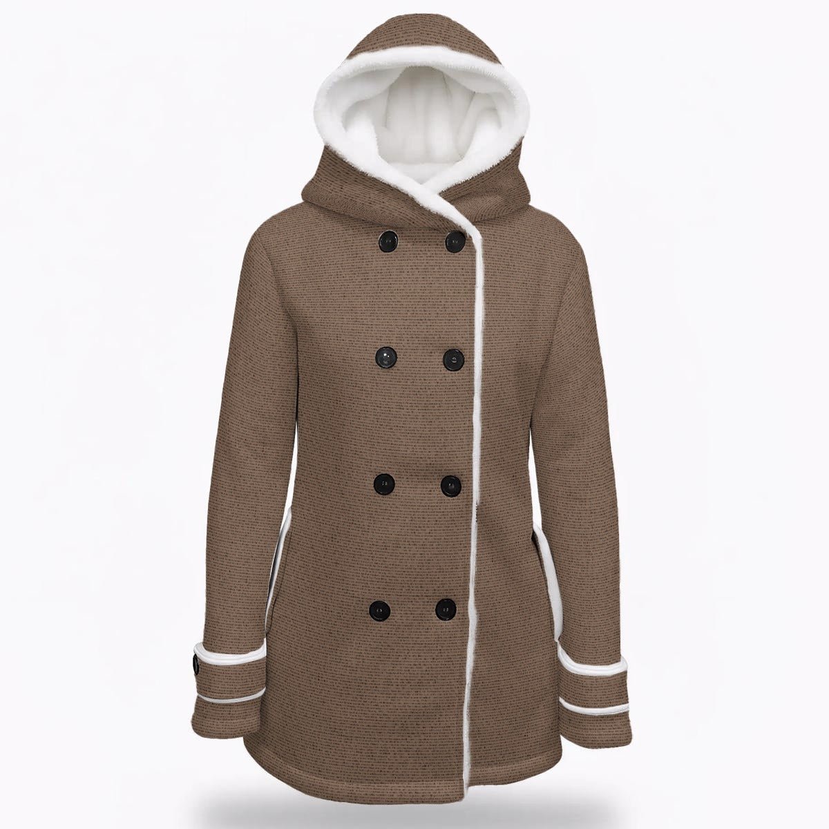 Women's Hooded Double - Breasted Winter Coat With Fleece - TuneInk