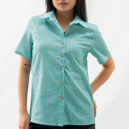 Women's Linen Textured Cotton Short Sleeve Shirt - TuneInk