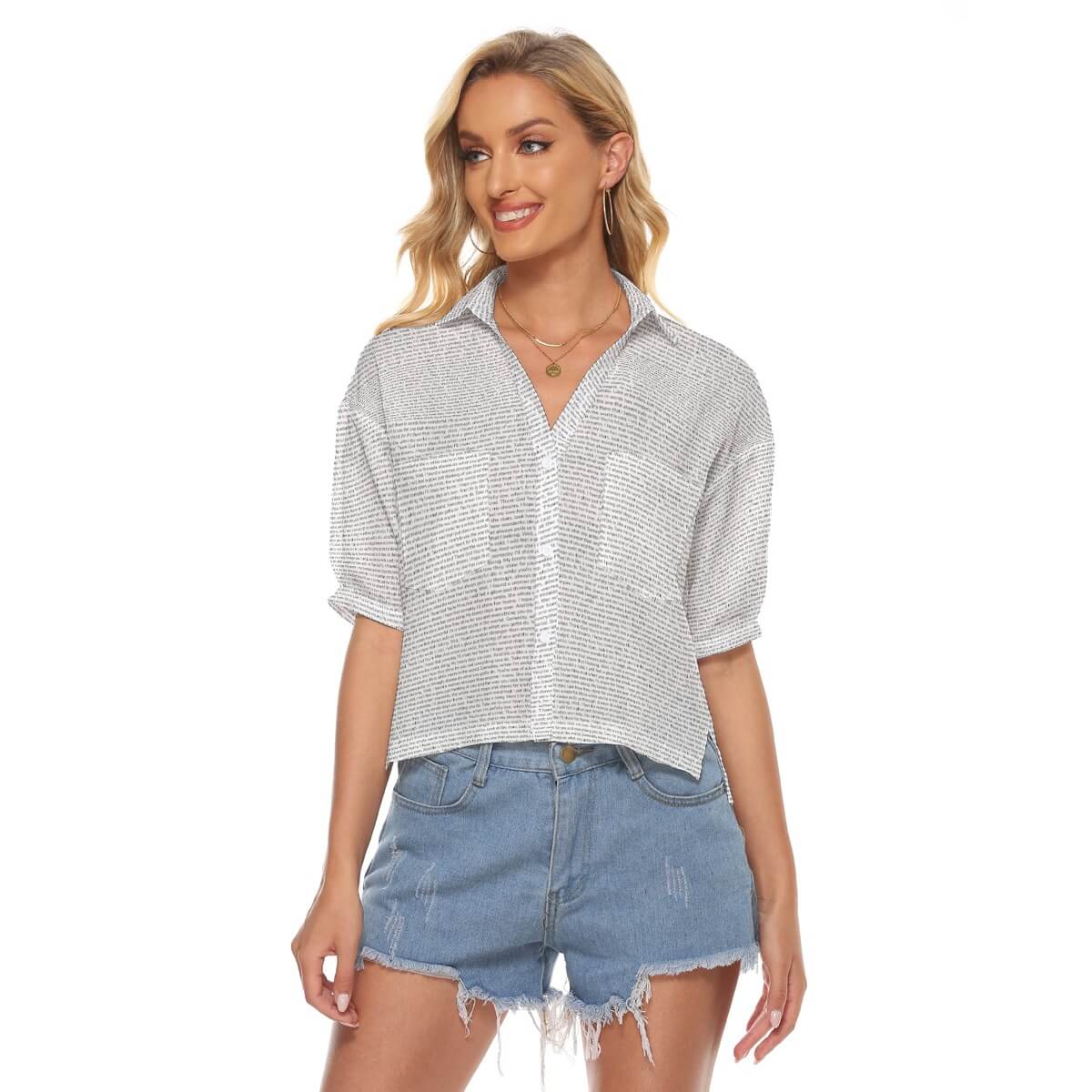 Women's V - neck Double Pockets Shirt - TuneInk